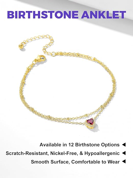 Richsteel Double Layer Heart/Butterfly Birthstone Anklet for Women Non Tarnish Waterproof, Silver/Gold/Black Stainless Steel 8.5-10.5 Inch Adjustable Chain Anklets Jewelry Gifts for Her