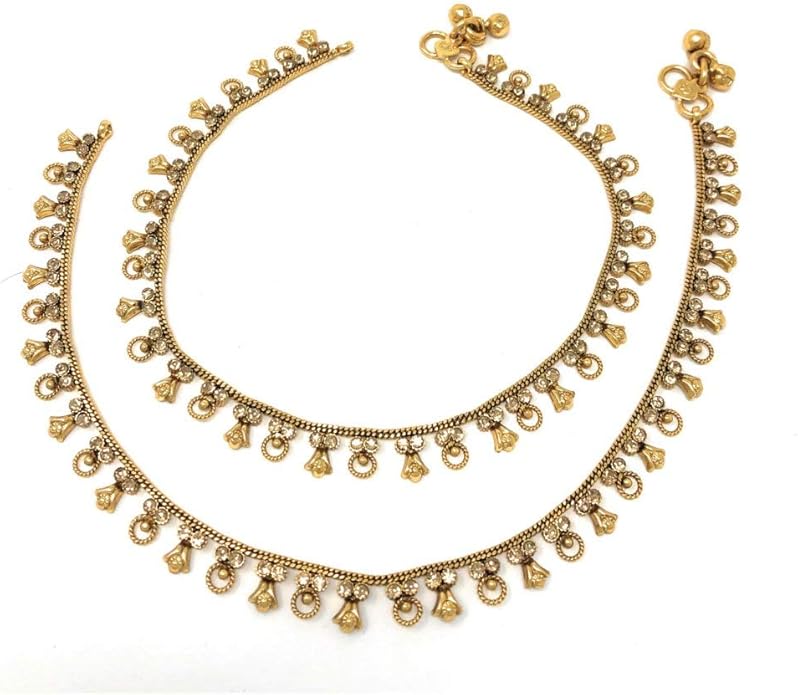 Duel On Jewel Gold Payal Set for Women, Indian Paayal Jhanjar Chain Anklets with Bell Detail, Foot Jewelry Pair, 10 Inch Comfort Fit, Traditional & Dainty Styles for Wedding Beach Everyday Gift