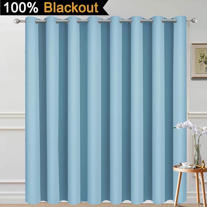 Yakamok Sky Blue Blackout Patio Door Curtain Panels W100 x L96, 1 Panel | Noise Reducing Barrier Panel for Sliding Glass Door, 2 Thick Layers Heat Full Light Blocking Patio Door Drapery