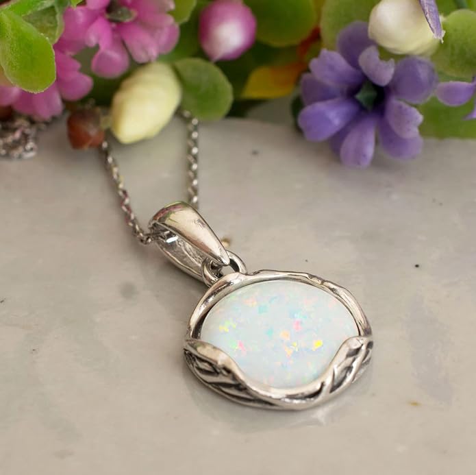 ADITA GOLD 925 Sterling Silver White Opal Necklace, Dainty 12mm Round Gemstone Pendant, October Birthstone Bridal Wedding Jewelry, Handmade Vintage Statement Jewel for Classy Brides and Women