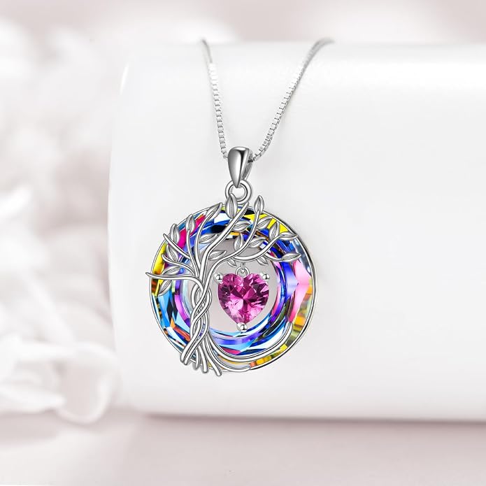 POPLYKE Mothers Day Gifts for Mom Her Wife Tree of Life Necklace 925 Sterling Silver Birthstone Pendant with Crystal Anniversary Birthday Wedding Jewelry for Women
