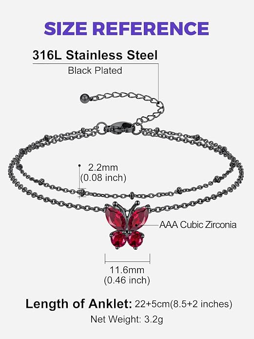 Richsteel Double Layer Heart/Butterfly Birthstone Anklet for Women Non Tarnish Waterproof, Silver/Gold/Black Stainless Steel 8.5-10.5 Inch Adjustable Chain Anklets Jewelry Gifts for Her