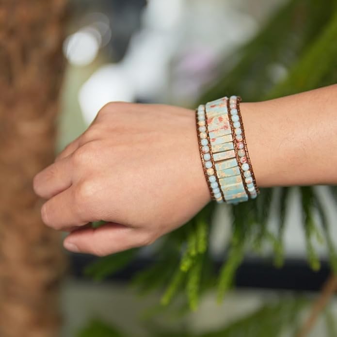 YGLINE Boho Handmade Natural Stone Bead 3 Row Wide Wrap Wrist Statment Bracelet Jewelry Collection