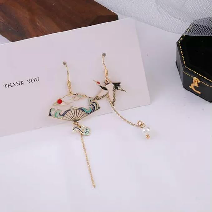 Cute Asymmetric Cat Moon Flower Long Tassel Stud Dangle Earrings Women Jewelry-Cat & Flower Fan