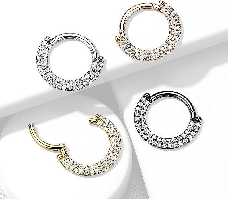 Pierced Owl - 16GA G23 Implant Grade Titanium Double CZ Crystal Lined Cartilage Helix Daith Septum Hinged Segment Ring