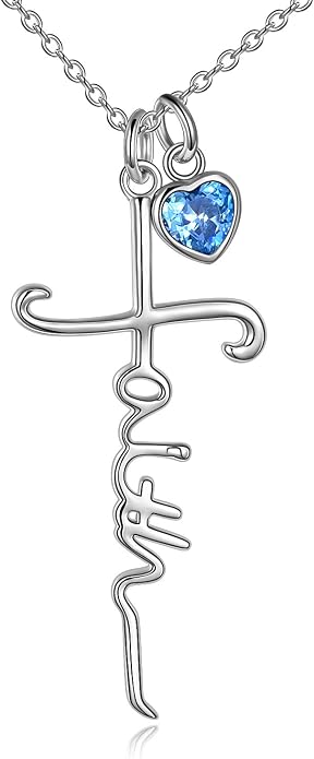 Faith Cross Necklace For Women Birthstone Sterling Silver with Simulated Birthstone Cross Jewelry Christian Gifts
