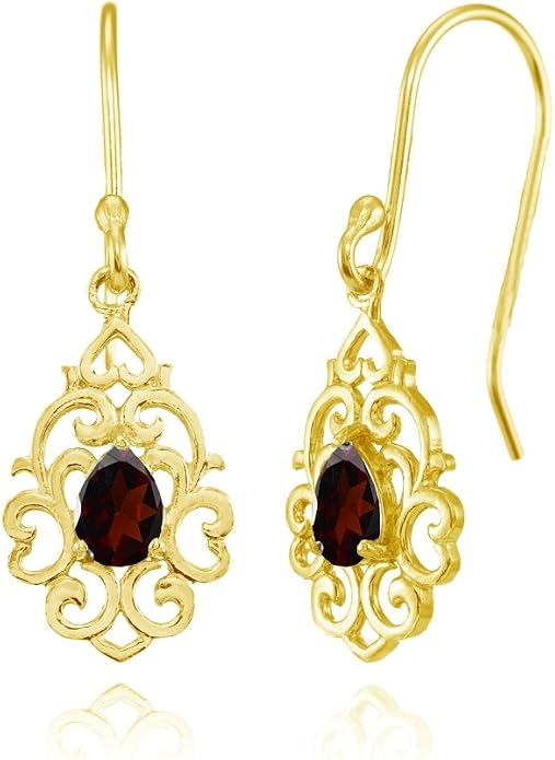 Sterling Silver Genuine or Created Gemstone Filigree Heart Teardrop Dangle Earrings