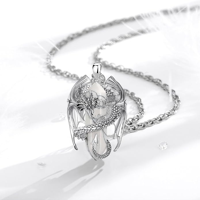 INFUSEU Unique Dragon Necklaces with Healing Crystal Stone for Men Women, Personalized Spiritual Gifts, 24 Inch Chain