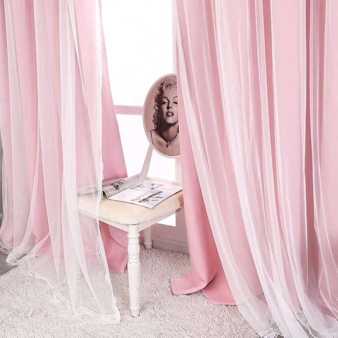 Blackout Sheer Curtains Set - Double Layers Stylish Mix & Match Elegance White Crushed Voile x Blackout Curtains with Tie-Backs for Nursery Bedroom, 52 by 108 inches, Light Pink, 2 PCs