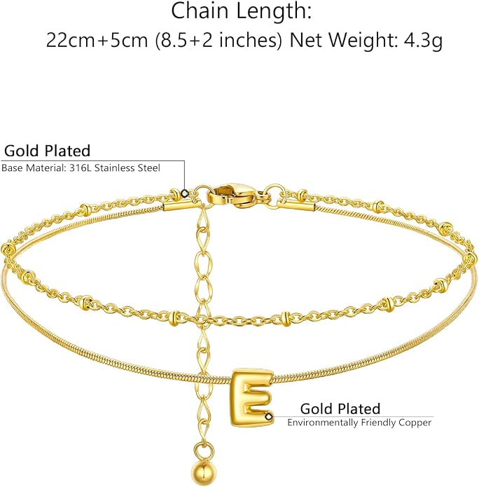 ChainsProMax Initial Ankle Bracelets for Women, Waterproof Anklets Bracelet Adjustable Summer Beach Women Foot Jewelry, Stainless Steel/Gold Plated-Send Gift Box/Letter A-Z
