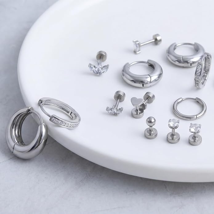 Stainless Steel Stud Earrings Set for Women Hypoallergenic Flat Back Cartilage Earrings Screw Back Huggie Hoop Earrings Multiple Piercing Cubic Zirconia Helix Tragus Jewelry