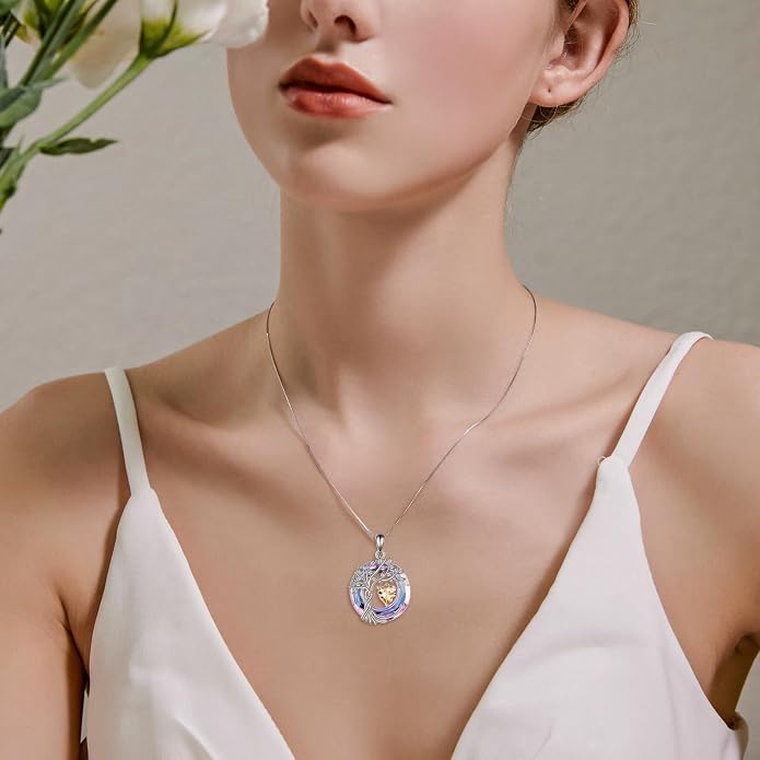 POPLYKE Mothers Day Gifts for Mom Her Wife Tree of Life Necklace 925 Sterling Silver Birthstone Pendant with Crystal Anniversary Birthday Wedding Jewelry for Women