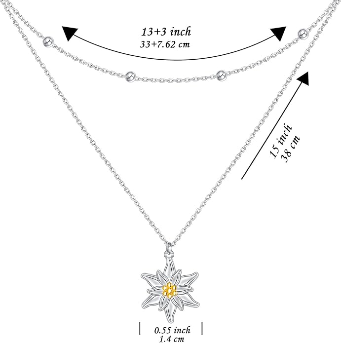FLYOW Layered Choker Necklace S925 Sterling Silver Star Full Moon Daisy Flower Pendant Disc Jewelry Adjustable Clavicle Necklaces for Women Girls Birthday Gifts