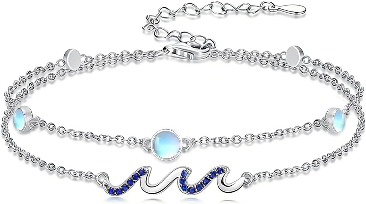 Wave/Dolphin Bracelet/Sea Turtles Anklet 925 Sterling Silver Adjustable Moonstone Bracelet/Anklet Summer Ocean Jewelry Gifts for Women