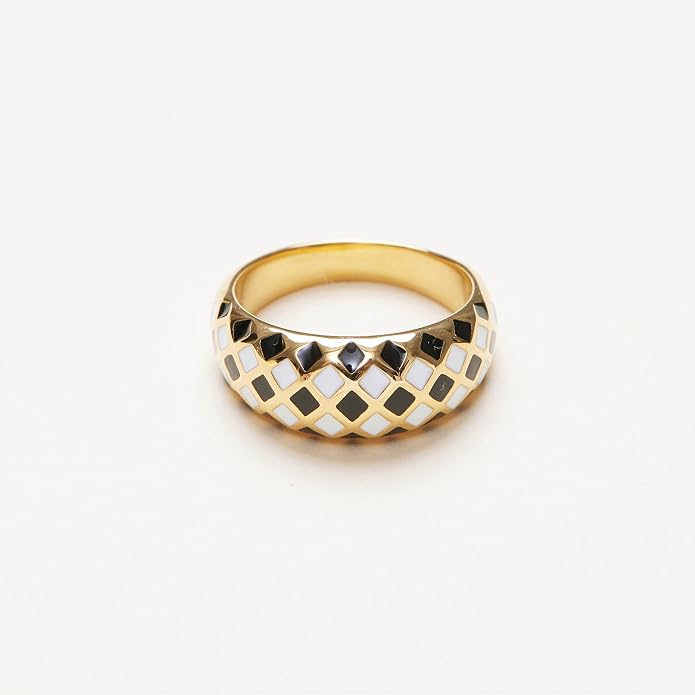 Shapes Studio 18K Gold Plated Titanium Checker Dome Ring. Vintage Styled Women Checkered Ring, Stackable Ring