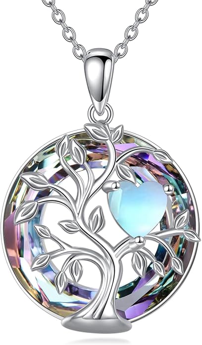 Tree Of Life Birthstone Necklace 925 Sterling Silver Crystal Family Tree Pendant Necklaces Heart Birthstone Jewelry For Women Female Anniversary Birthday Gifts