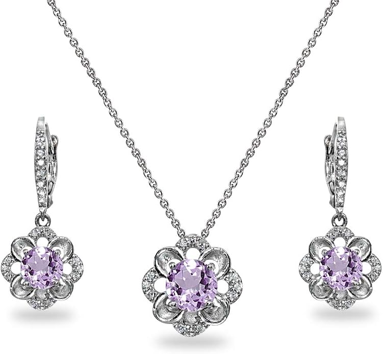 B. BRILLIANT Sterling Silver Genuine or Synthetic Gemstone 6mm Round-Cut Flower Dainty Slide Necklace & Leverback Earrings Set