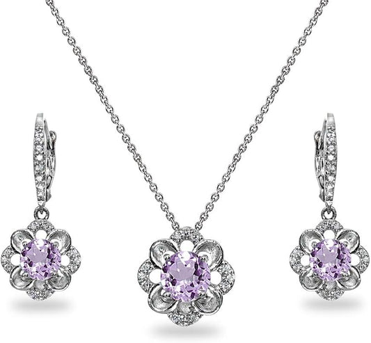 B. BRILLIANT Sterling Silver Genuine or Synthetic Gemstone 6mm Round-Cut Flower Dainty Slide Necklace & Leverback Earrings Set