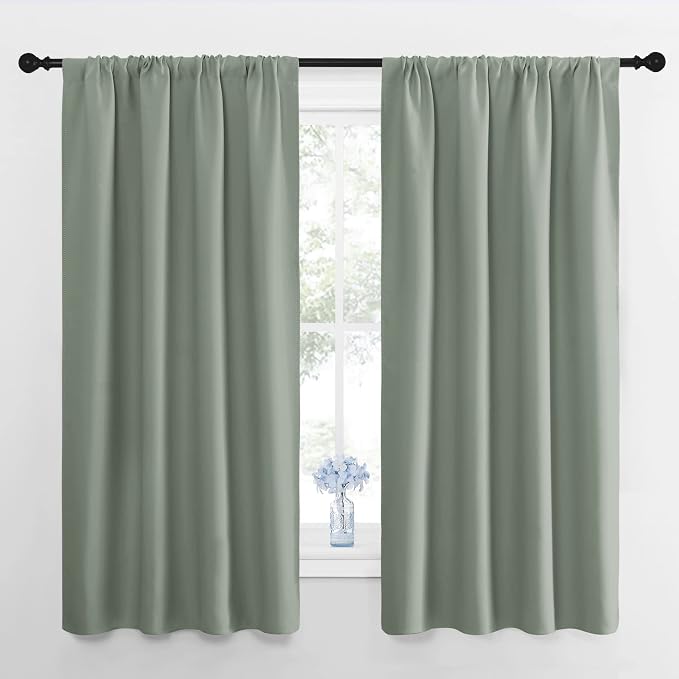 NICETOWN Window Curtains Blackout Drapes - Thermal Insulated Solid Rod Pocket Blackout Curtains/Draperies for Living Room (Greyish Green, One Pair, 42 by 63-Inch)