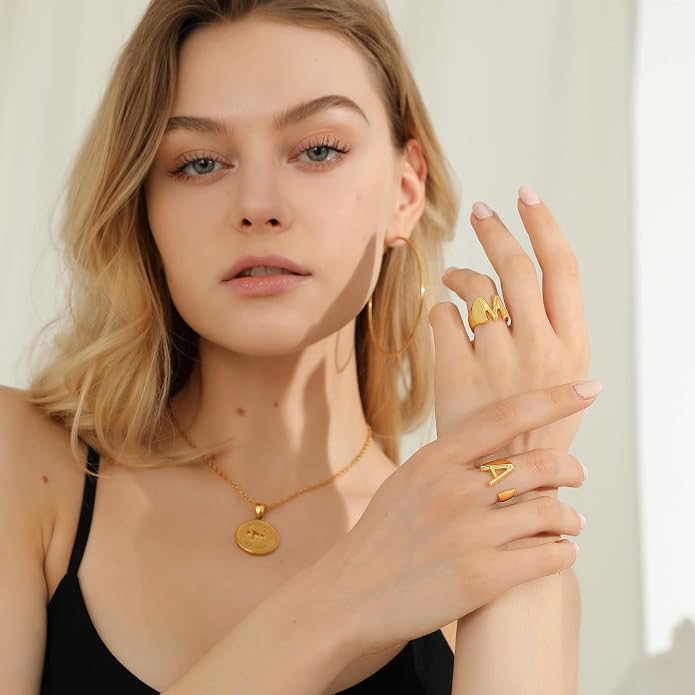 KeyStyle Bold Initial Letter Rings Adjustable, GoldChic Jewelry Women Gold Statement Ring Personalized Engraved Women’s Open Signet Ring for Party (Gold, White Gold, Black)