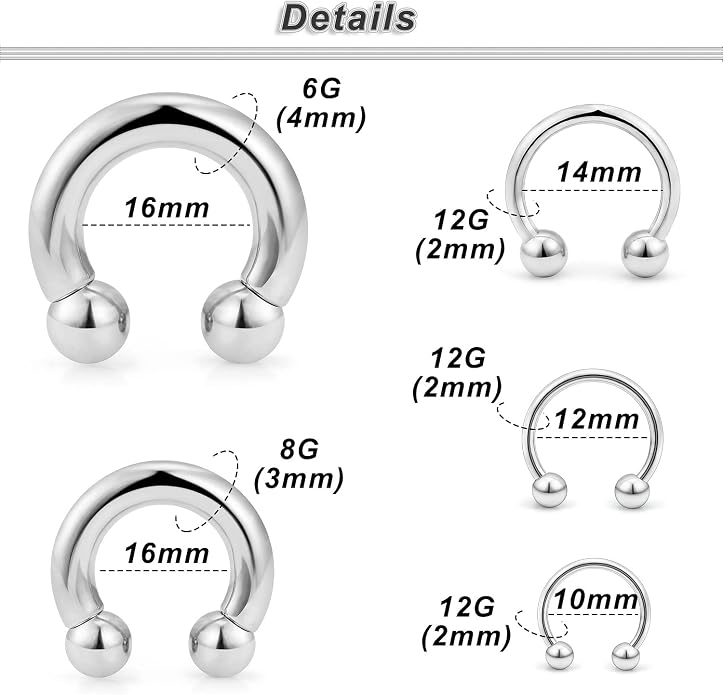 20G-00G Septum Rings Ear Gauges Earrings Stretching Kit 316L Surgical Steel Horseshoe Septum Pa Piercing Jewelry for Women 10mm 12mm 14mm 16mm