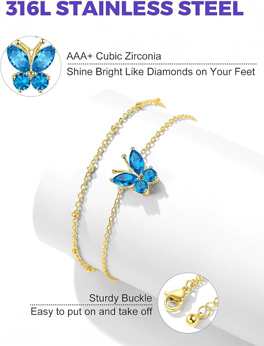 Richsteel Double Layer Heart/Butterfly Birthstone Anklet for Women Non Tarnish Waterproof, Silver/Gold/Black Stainless Steel 8.5-10.5 Inch Adjustable Chain Anklets Jewelry Gifts for Her
