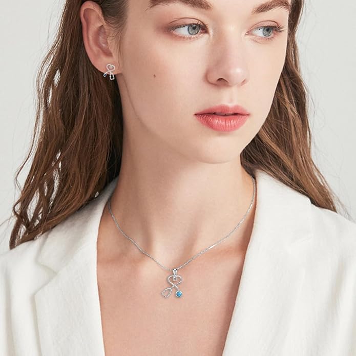 AOBOCO Stethoscope Necklace 925 Sterling Silver Embellished with 12 Months Birthstone Crystals from Austria, Graduation Gifts Medical Jewelry for Doctor Nurse Medical Student RN