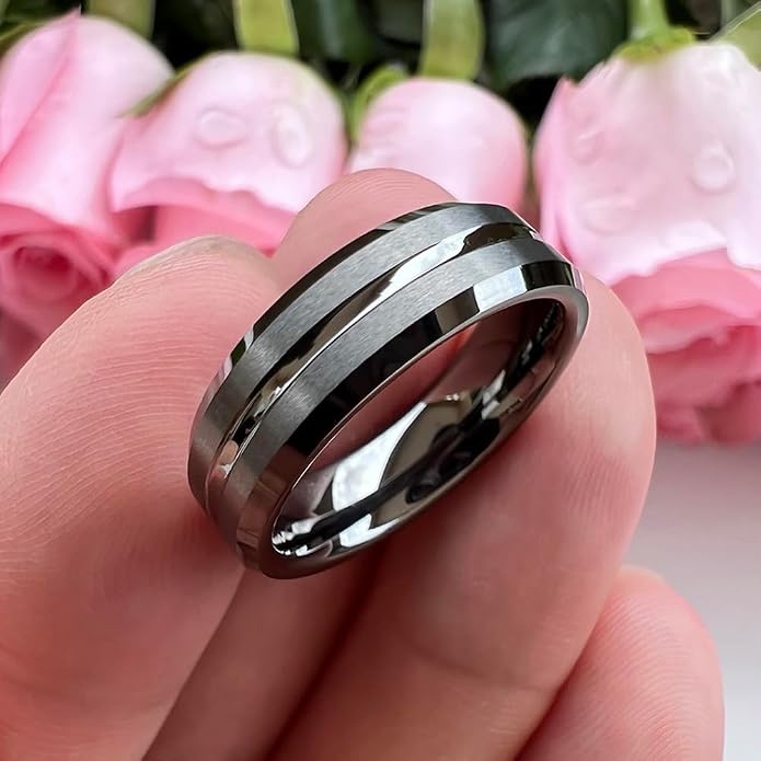 TUTISS 6mm 8mm Silver/Black/Blue/Gunmetal/Gold/Rose Gold Tungsten Rings for Men Women Fashion Engagement Wedding Bands Matte Finish Beveled Edges Comfort Fit
