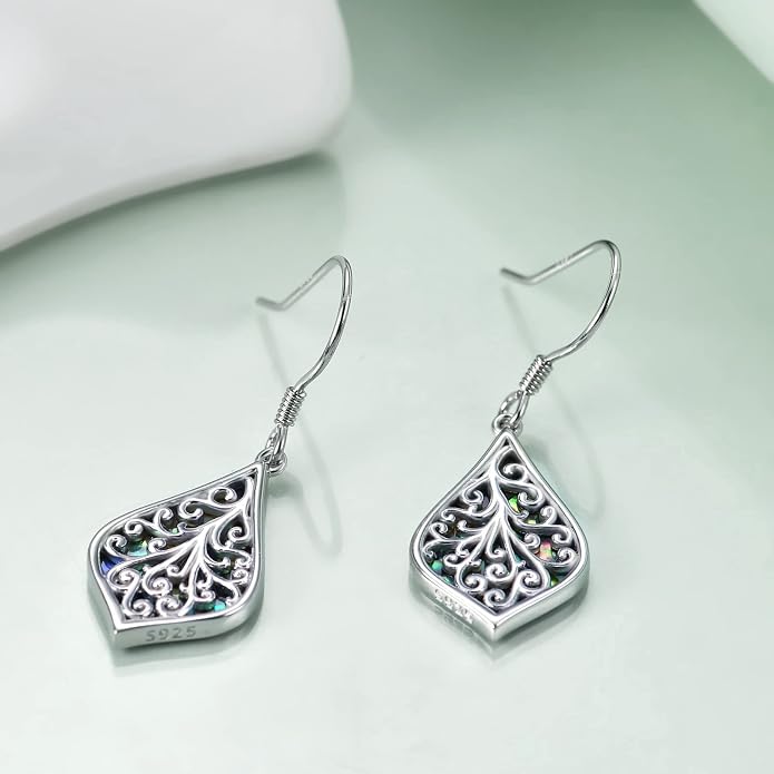 CRMAD Hummingbird/Bee/Leaves/Sunflower/Daisy/Dragonfly/Rose/Lotus Flower Sterling Silver Filigree Teardrop Earrings Abalone Shell Jewelry for Women
