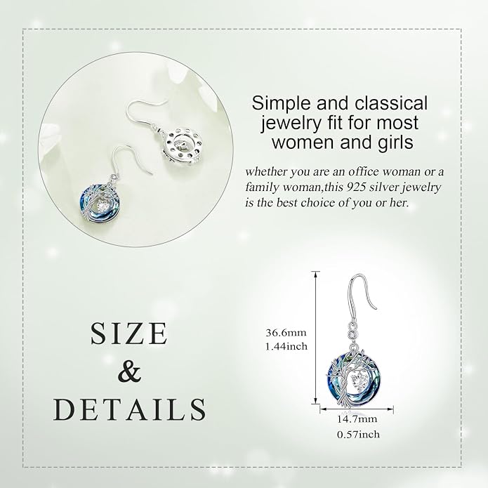 POPLYKE Tree of Life Birthstone Earrings 925 Sterling Silver Dainty Gemstone Birthstone Dangle Drop Earring with Crystal Fine Jewelry Birthday Gifts for Women Her
