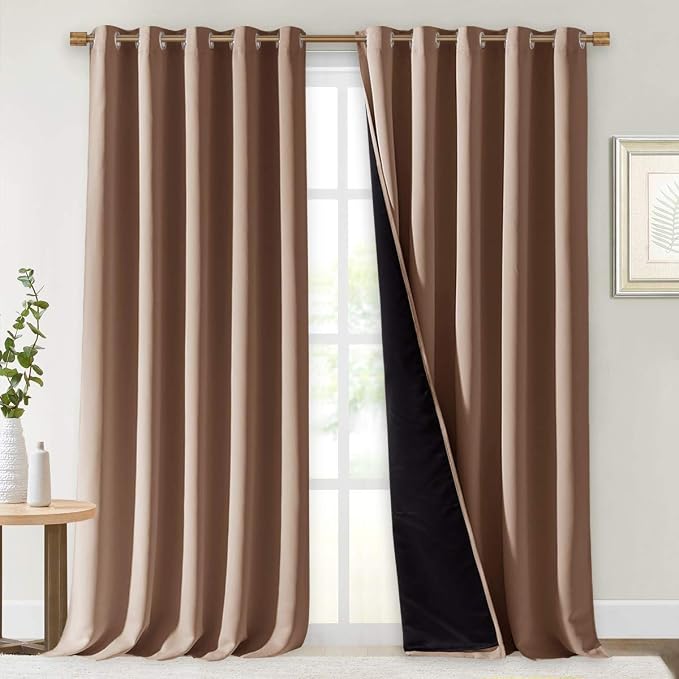 NICETOWN Extra Long Truly Blackout Drapes for Hall and Villa, 100% Blackout Window Curtain Panels with Black Lined for Night Shift Worker, 70-inch Width x 108-inch Length, Cappuccino, 2 Pieces