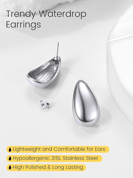 KeyStyle Chunky Gold Hoop Earrings for Women Trendy, Stainless Steel TearDrop Hoops Earring, Lightweight Water Drop Ear Jewerly