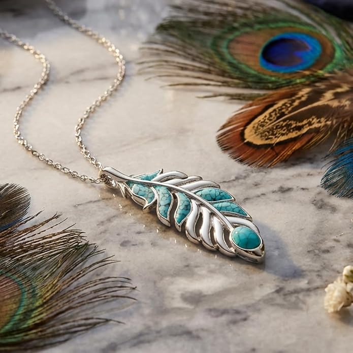 Feather Necklace White Gold Boho Jewelry Nature Inspired Statement Birthstone Pendant Gifts for Women