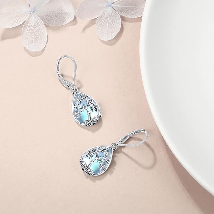 Odinstone 925 Sterling Silver Earrings Tree of Life Teardrop Moonstone Dangle Drop Leverback Earrings for Women