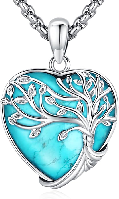 Tree of Life Necklace for Women Sterling Silver Celtic Moon Tree Moonstone Turquoise Pendant Heart Family Tree Necklace for Mother Daughter Sister Gifts