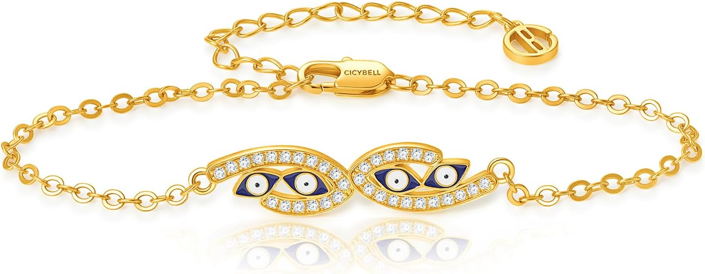 Cicy Bell Evil Eye Bracelets 18k Gold Plated Turquoise Zirconia Link Bracelets Trendy Jewelry Gift for Women Adjustable 5.9" with 1.9'' Extender