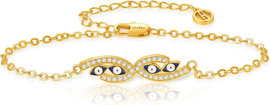 Cicy Bell Evil Eye Bracelets 18k Gold Plated Turquoise Zirconia Link Bracelets Trendy Jewelry Gift for Women Adjustable 5.9" with 1.9'' Extender