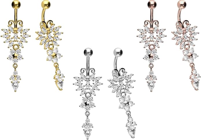 PIERCINGLINE surgical steel dangle belly button piercing with butterfly and flower - belly button ring surgical steel, gold, silver, rosegold piercing - new version with improved durability