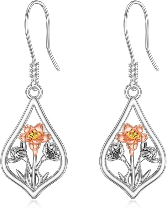 WINNICACA Sterling Silver Dangle Drop Earrings for Women Mom Flower Leverback Earrings Jewelry Christmas Anniversary Birthday Gifts