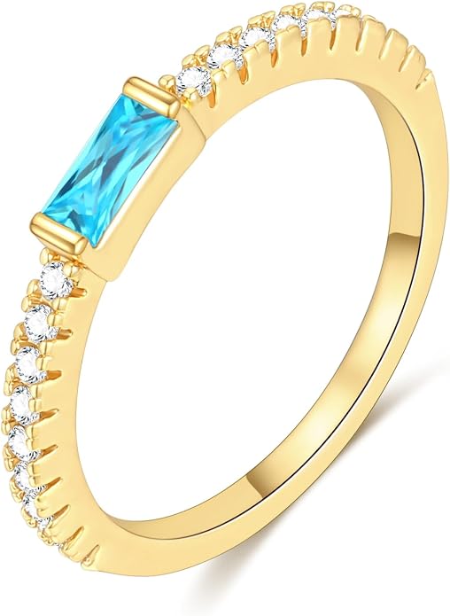 RLMOON Birthstone Gold Rings for Women Non Tarnish 14K Gold Plated Eternity Stackable Rings Dainty CZ Gemstone Engagement Rings Wedding Band Jewelry Gifts Size 4-10