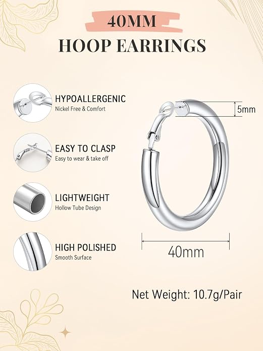 FaithHeart Chunky Hoop Earrings for Women, Silver/Black/14K Gold Plated Stainless Steel Earrings 5mm Thick Hollow Tube Hoops Hypoallergenic Lightweight Earring 20/30/40/50/60/70/80mm