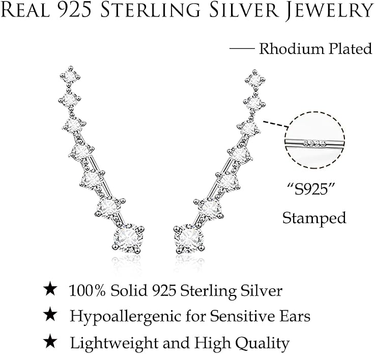 Reffeer Solid 925 Sterling Silver 7 Crystals Cuff Earrings Climber for Women Crawler Earrings Wraps