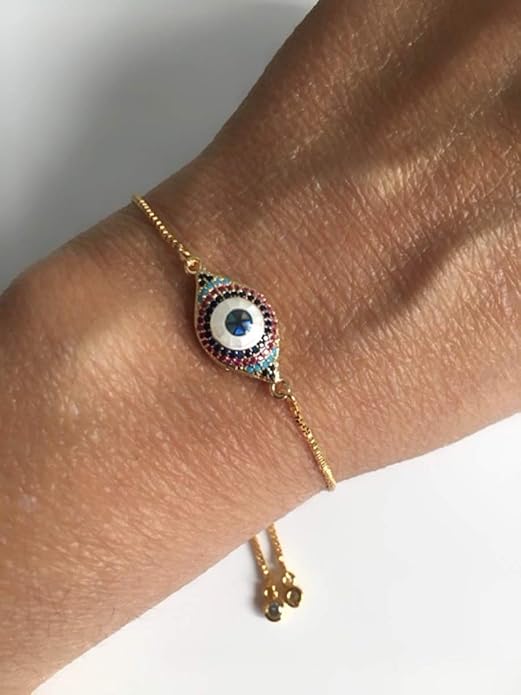 SIFRIMANIA Evil Eye Adjustable Sliding Bead Shiny Bracelet Lucky Charms Jewelry for Women of All Ages