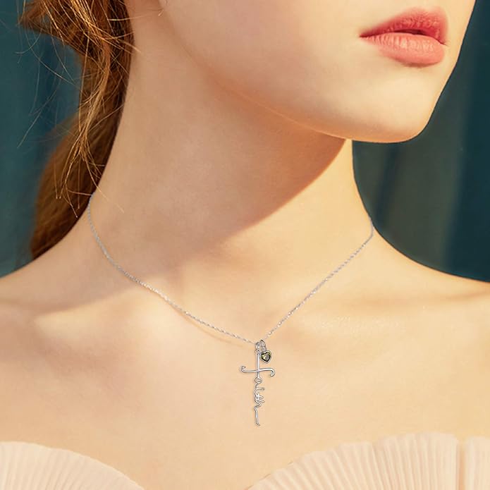 Faith Cross Necklace For Women Birthstone Sterling Silver with Simulated Birthstone Cross Jewelry Christian Gifts