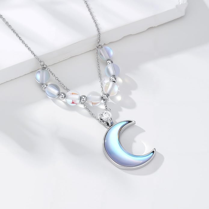 Dainty Moonstone Moon Simple 925 Sterling Silver Pendant Necklace for Women, Jewelry for Women Mother, Birthday Gift, with 18+2inch