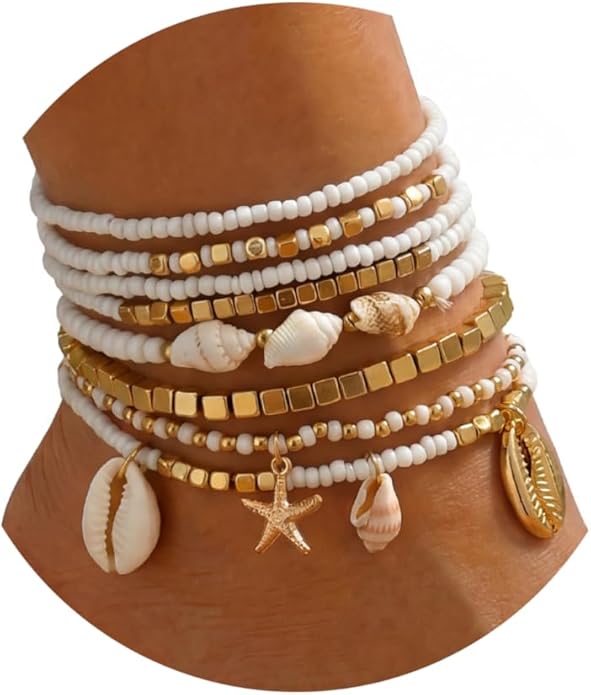 Qceasiy Bead Ankle Bracelets Set For Women, Adjustable Gold Plated Boho Shell Anklet, Hawaiian Beach Seashell Pearl Disc Starfish Conch Foot Jewelry, Summer Fashion Gifts