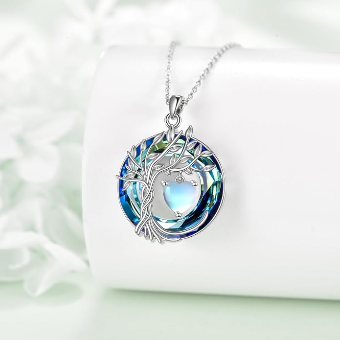 CRMAD Tree of Life Necklace Birthstone Pendant Necklaces with Crystal Anniversary Birthday Wedding Jewelry for Mom Her Wife Sister