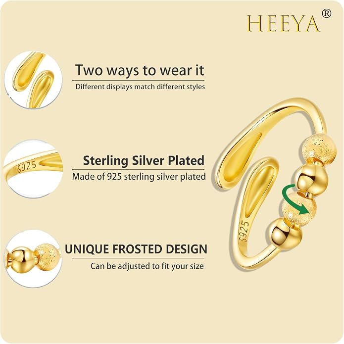 HEEYA Anxiety Rings for Women,Sterling Silver Rings to my Daughter,Adjustable Stress Spinner Ring with Beads,Anxiety Fidget Ring for Women,Thumb Jewelry for Birthday,Christmas with Gift Card