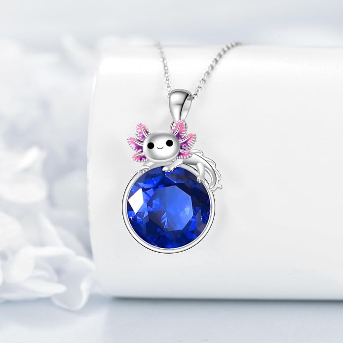 Birthstone Axolotl Necklace Sterling Silver Axolotl Pendant Cubic Zirconia Jewelry Birthday Gifts for Women Men