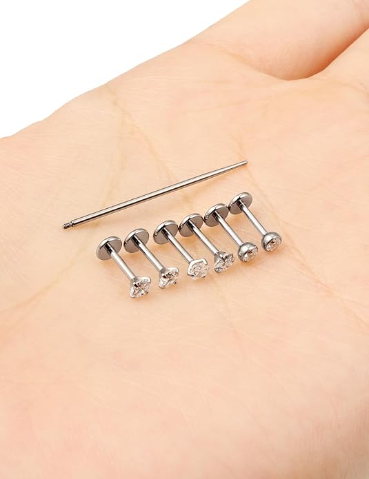 20G 18G 16G F316 Titanium Flat Back Nose Rings Studs Hypoallergenic Screw on Tragus Helix Cartilage Earrings Stud Piercing Jewerly for Women Men Bars 6mm
